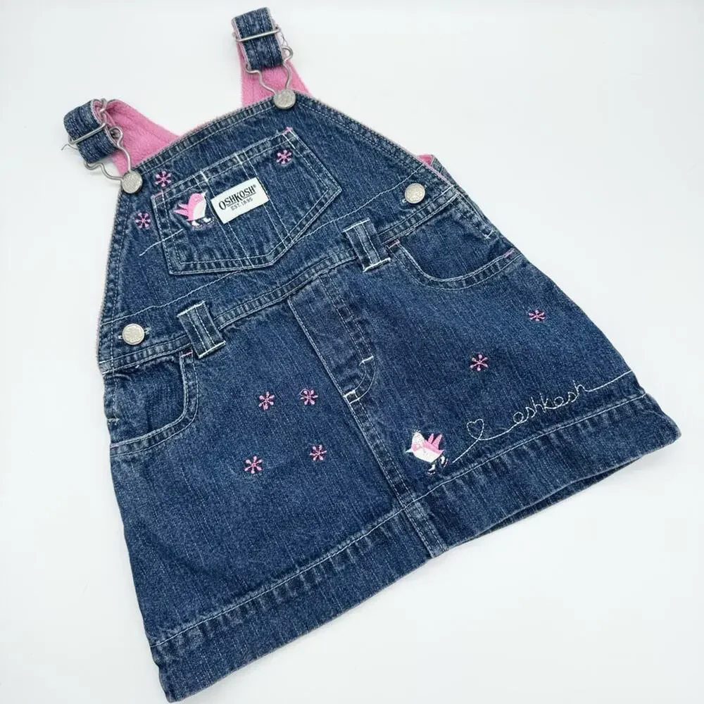 Vintage‎ OshKosh Snowflake and Penquin Embroidered Denim Overall Skirt Size 6-9